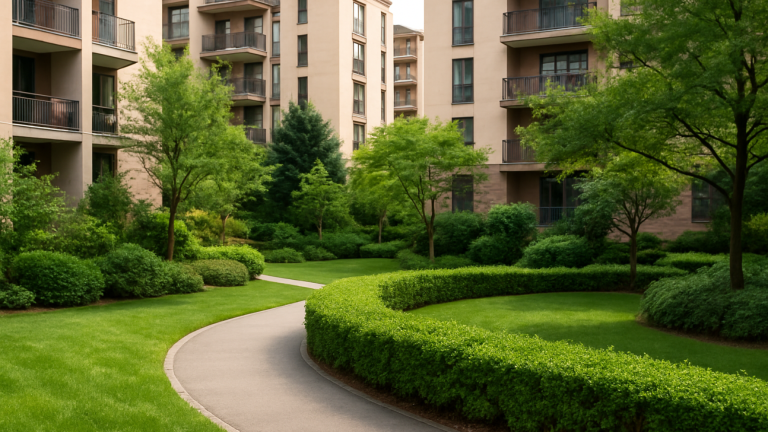 Zone verdi in condominio con alberi, panchine e percorsi pedonali all’interno di un complesso residenziale urbano.