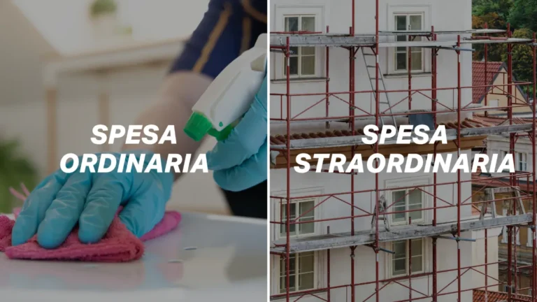 L'immagine è divisa in due: da una parte una rappresentazione delle spese ordinarie riprendono una persona intenta a pulire; dall'altra un palazzo in ristrutturazione simboleggia invece le spese straordinarie.