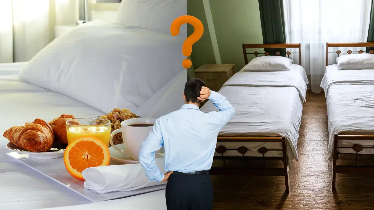 Uomo indeciso tra due opzioni di ospitalità in condominio: a sinistra un letto con colazione servita tipico di un Bed & Breakfast, a destra una camera con due letti singoli in stile affittacamere. Sopra la figura centrale, un punto interrogativo simboleggia il dubbio tra le due scelte.